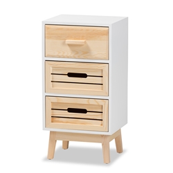 Baxton Studio Kalida Mid-Century Modern Two-Tone White and Oak Brown Finished Wood 3-Drawer Storage Cabinet Affordable modern furniture in Chicago, classic bedroom furniture, modern chest, cheap chest